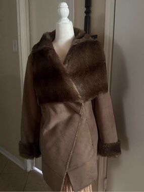 bebe Brown Faux Shearling Trench Coat with Fur Trim